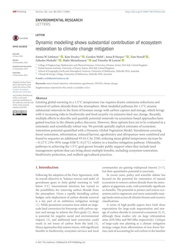 Dynamic modelling shows substantial contribution of ecosystem restoration to climate change mitigation