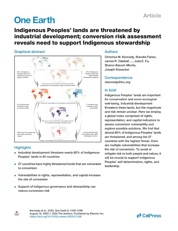 Indigenous Peoples’ lands are threatened by industrial development; conversion risk assessment reveals need to support Indigenous stewardship