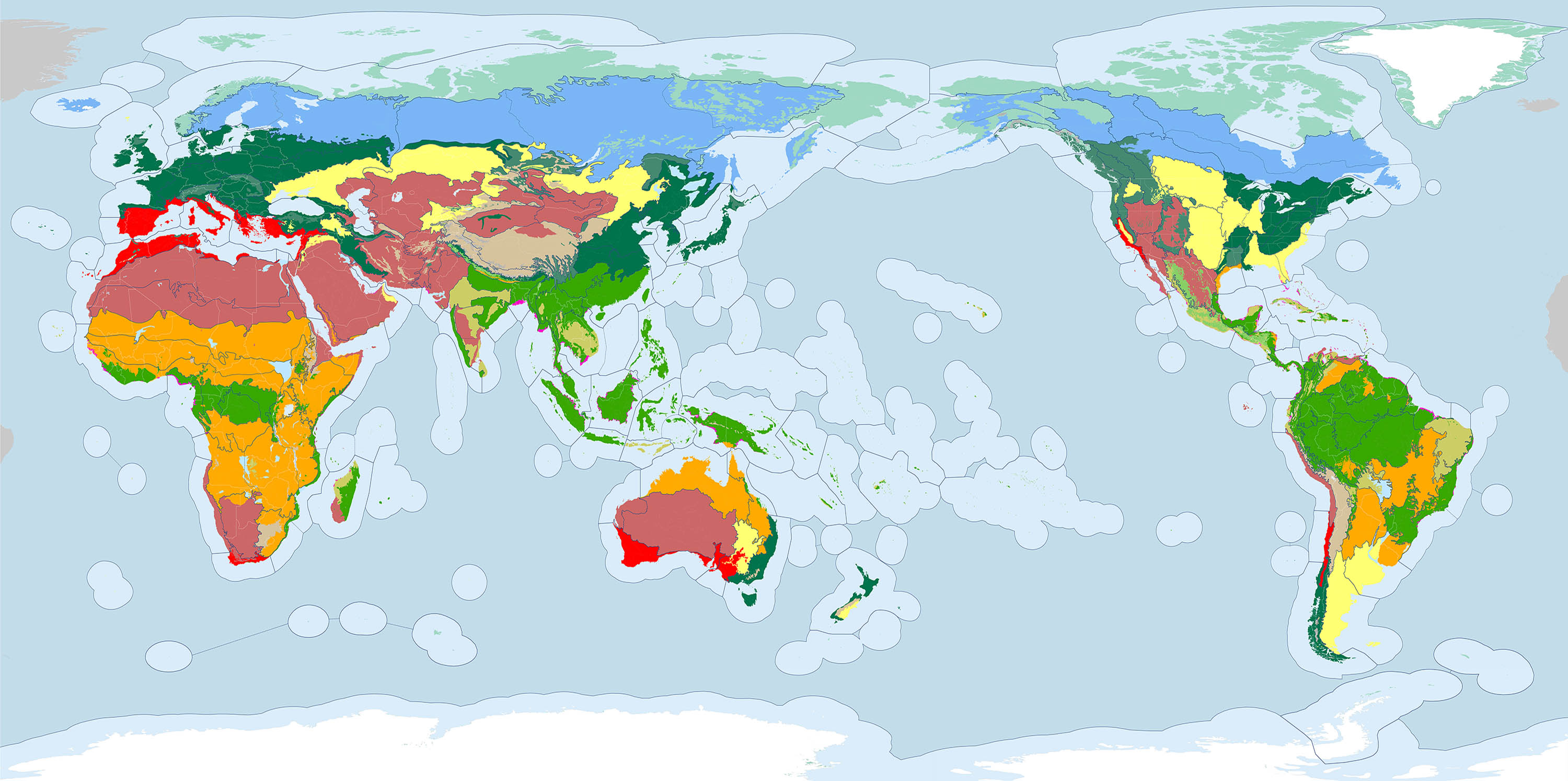 Map of the Earth's 14 major biomes, which include six subtypes of the generic forest biome -- boreal, temperate broadleaf, temperate conifer, tropical moist broadleaf, tropical dry broadleaf, and tropical conifer. Biomes provide the highest order organizing principle used in the development of the One Earth Bioregions Framework.