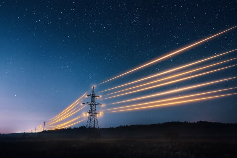 Electricity transmission towers with orange glowing wires against night sky. Photo | iStock