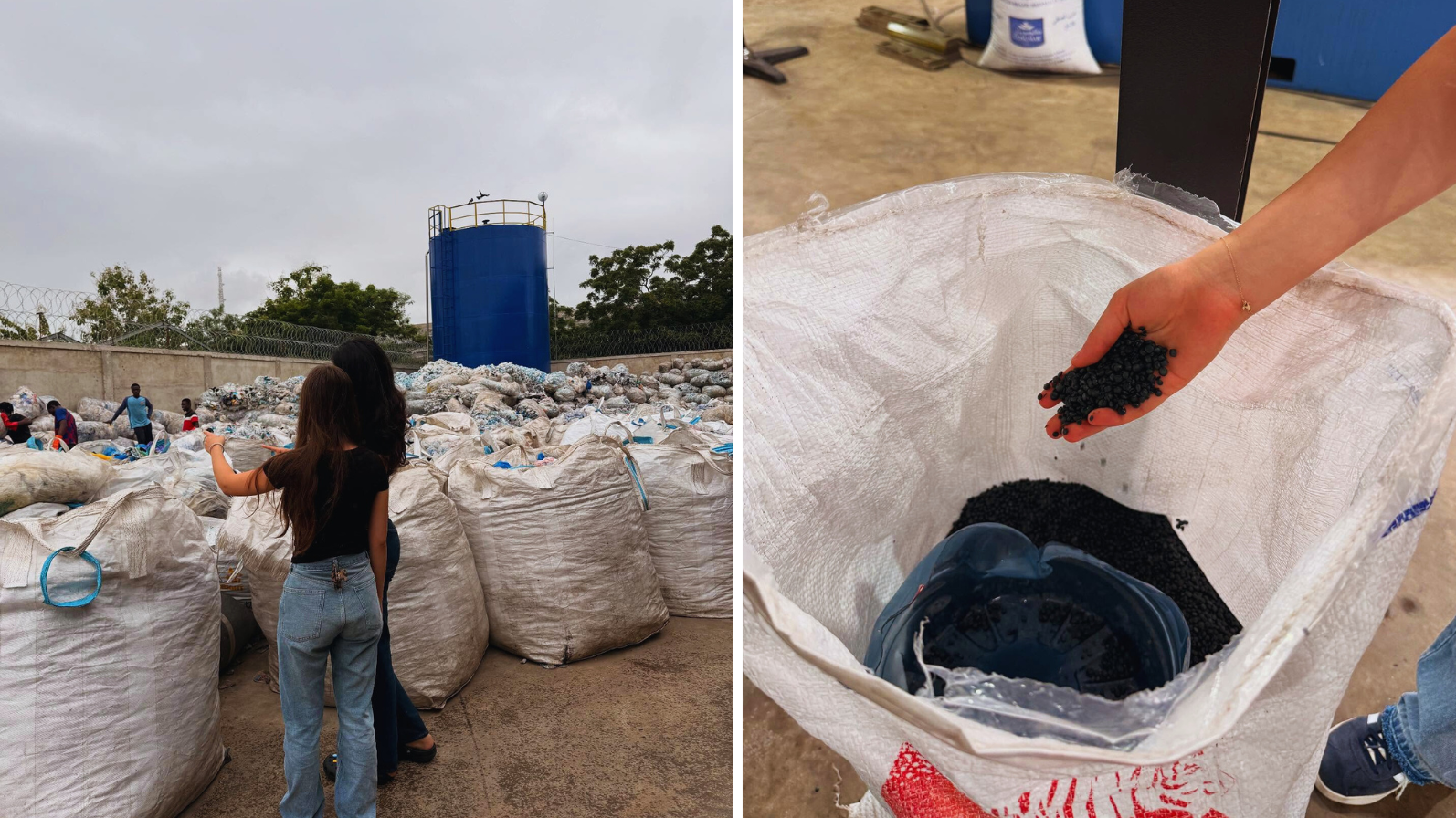 Lila Favilli and Arshia Lakhiani visiting one of the largest plastic recycling plants in Accra, where plastic waste is turned into pellets to create new products. Image Credit: PlastiFund.