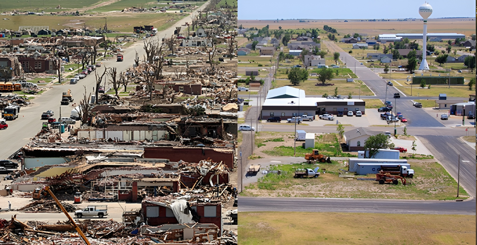 Then and now: A tornado leveled most of Greensburg on May 4, 2007. It has since been rebuilt as an environmentally friendly city. Then and now: A tornado leveled most of Greensburg on May 4, 2007. It has since been rebuilt as an environmentally friendly city.